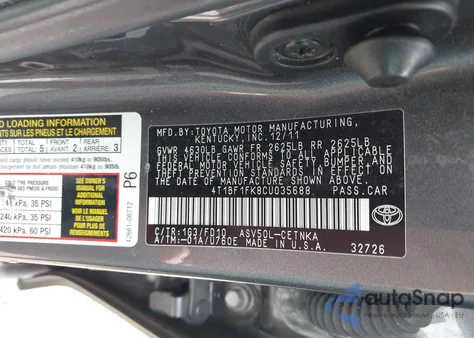 2012 Toyota Camry Le from USA, damaged, VIN 4T1BF1FK8CU035688